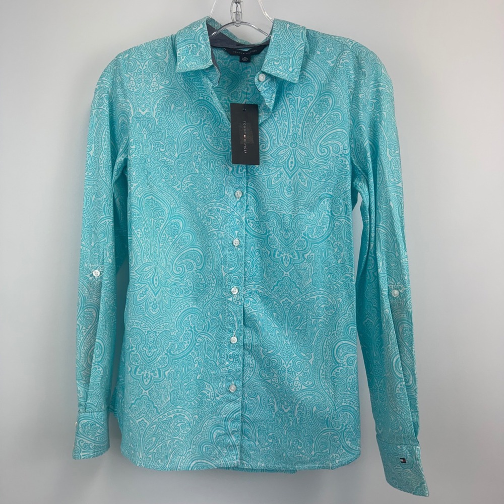 Tommy Hilfiger Womens XS Aqua Blue Paisley Button Down Shirt Roll Tab Cotton NEW